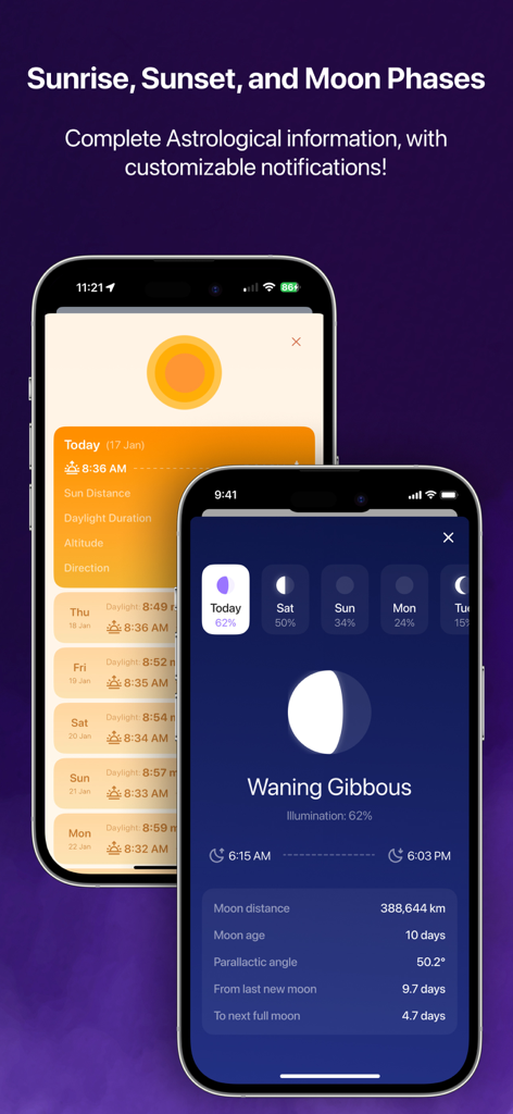 Two iPhone screens displaying astronomical data including sunrise and sunset times and detailed moon phase information within the HeyWeather app.