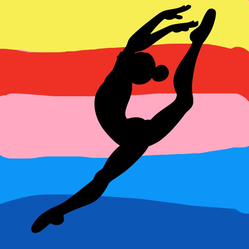 gymnast doing a leap in a leotard with a bent back leg