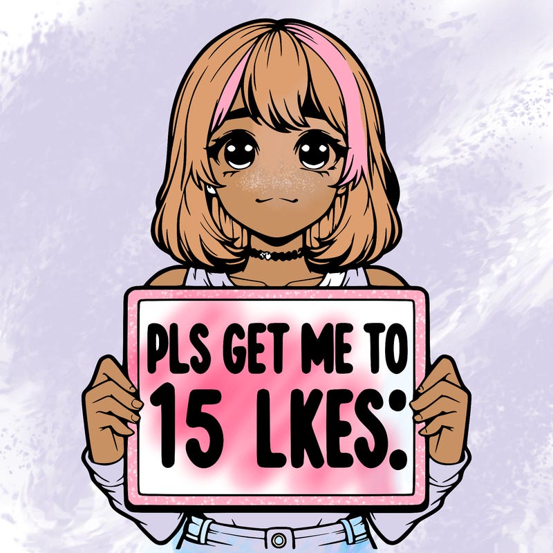 realistic girl holding up a sign that says “pls get me to 15 likes!”