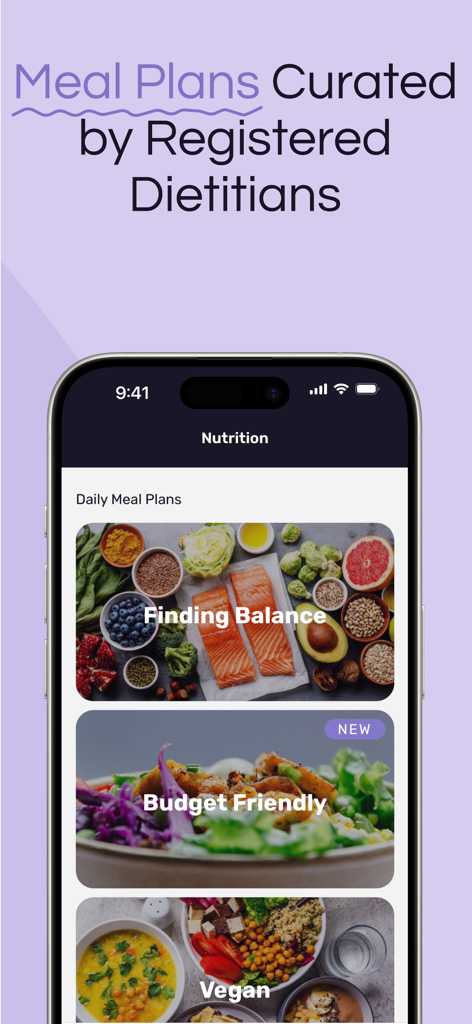 Sculpt You: Women's Fitness - A smartphone screen displaying various meal plans from the Sculpt You app, including Finding Balance and Budget Friendly options.