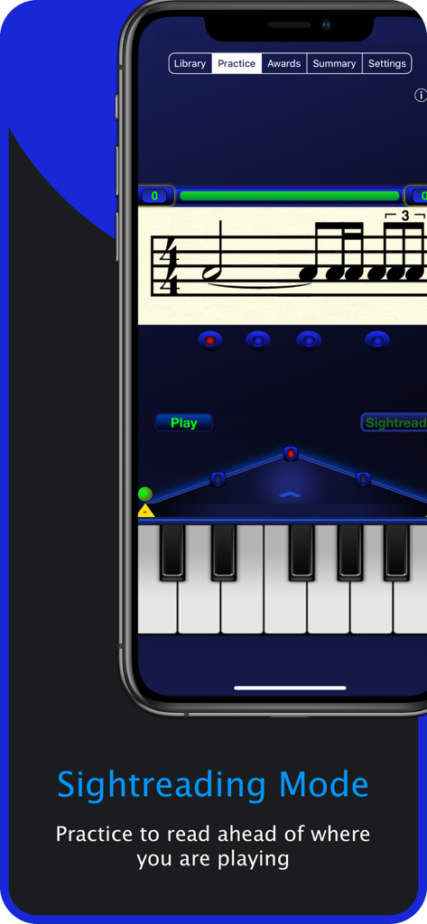 Rhythm Trainer by Rhythmicity - Rhythm Trainer app screen showing sightreading mode with sheet music and a piano keyboard