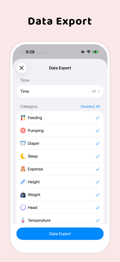 A mobile interface for the Ono Baby Tracker app showing the data export screen with categories for feeding pumping diapers and health metrics