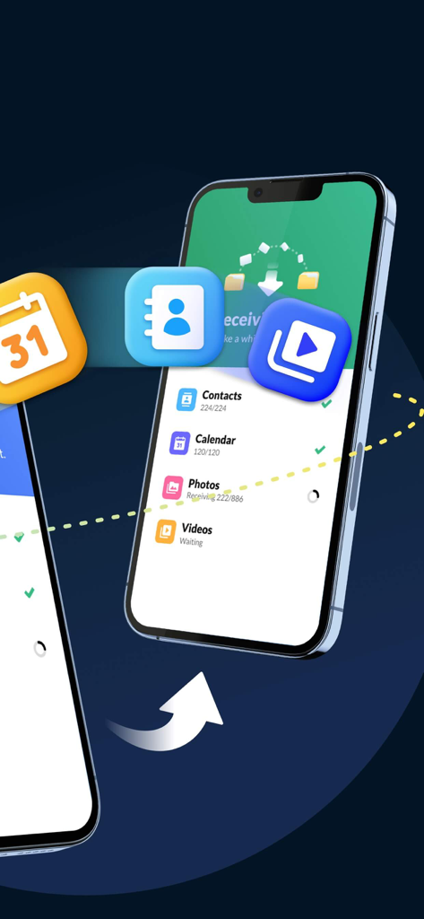 Mobile app interface showing the transfer of contacts calendar and media between devices