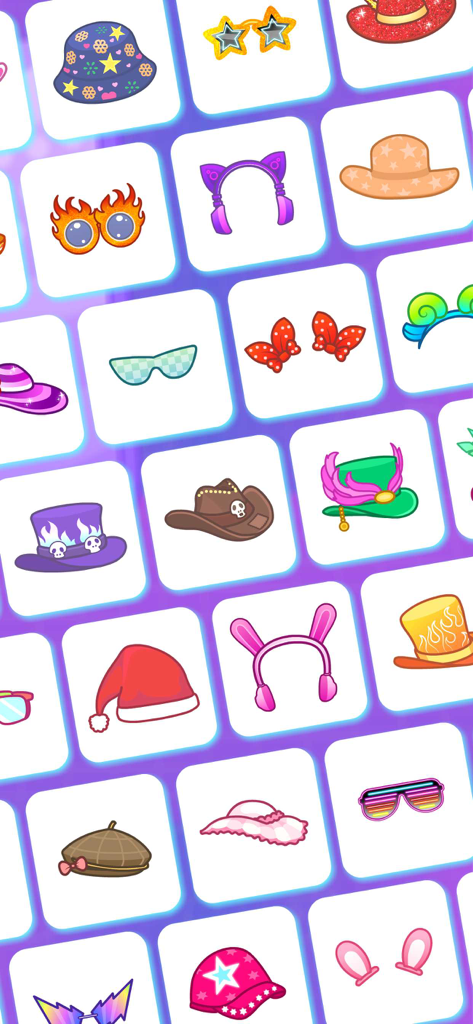 A selection of fashion accessory icons including hats and headbands for dressing up characters