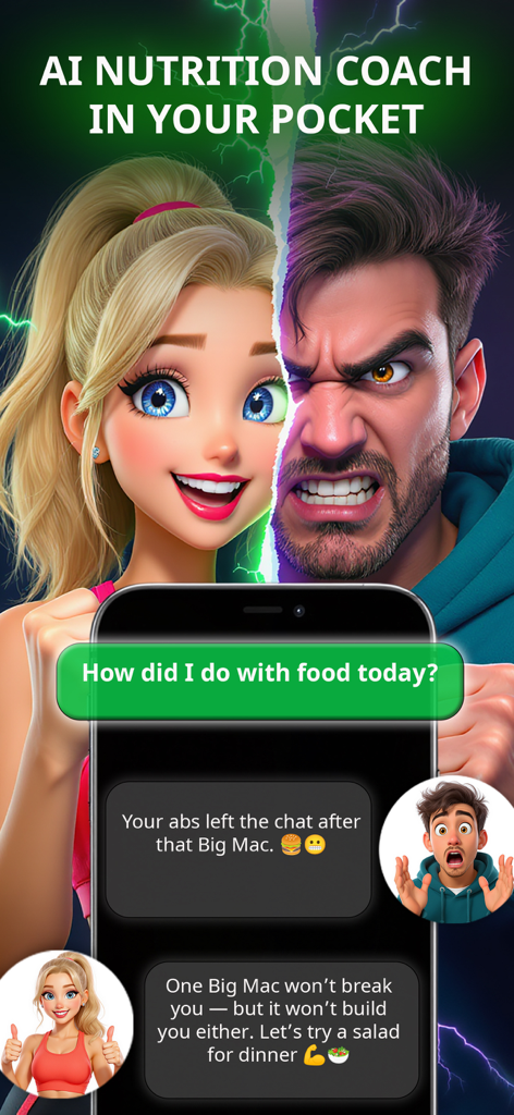 Kaloria - AI Calorie Tracker - Two AI nutrition coaches with different coaching styles providing meal feedback in the Kaloria app interface.
