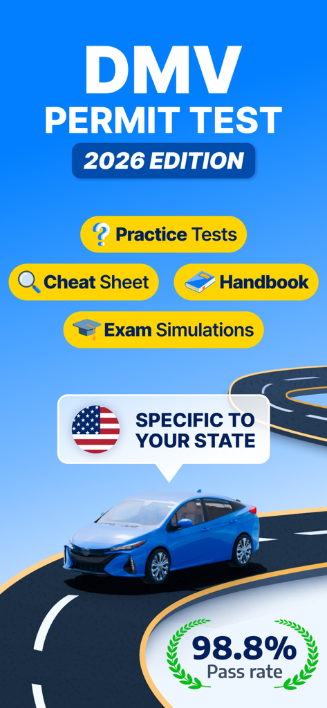 DMV Permit Practice Test: Luma - DMV Permit Practice Test Luma app interface showing 2026 edition features including exam simulations and a 98.8 percent pass rate