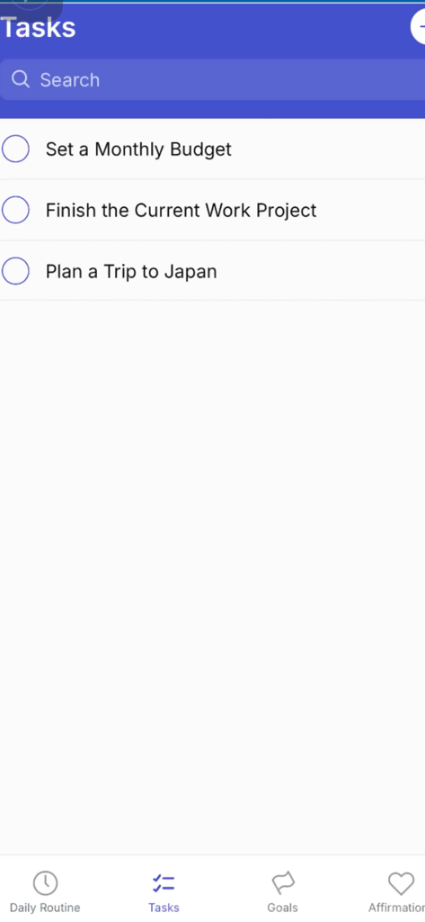 Proactive life - Tela de lista de tarefas do aplicativo Vida Proativa mostrando exemplos como orçamento e planejamento de uma viagem