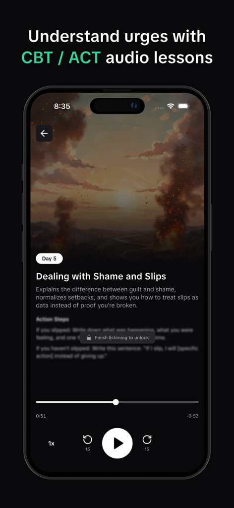 Unload: Overcome Lust with CBT - Interfaz de la aplicación Unload mostrando una lección de audio de TCC titulada 'Cómo lidiar con la vergüenza y los deslices'.