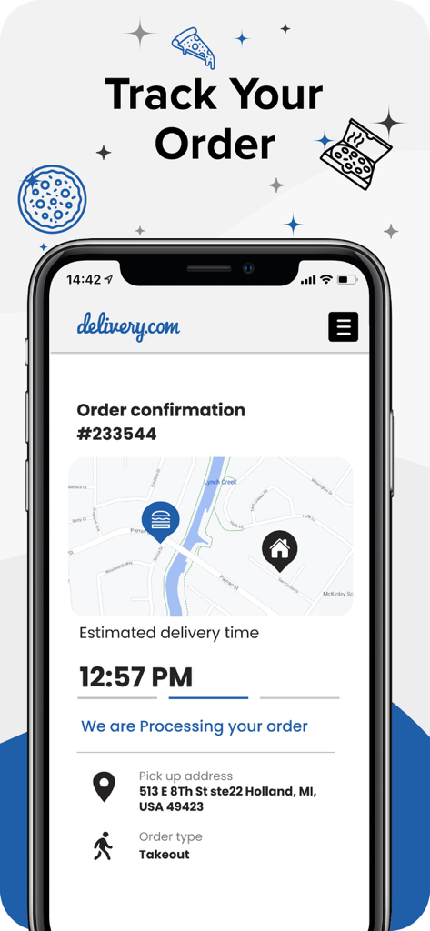 Schermata dell'app mobile delivery.com che mostra il tracciamento dell'ordine in tempo reale con mappa e orario di consegna stimato