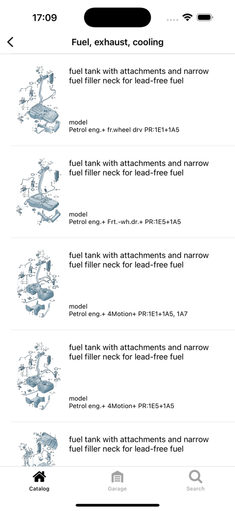 Car parts for Volkswagen - Technical diagrams of fuel tank assemblies and parts in the Volkswagen parts catalog app