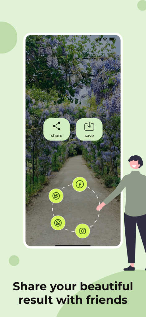Virtual Garden: Landscaping - Eine mobile App-Oberfläche mit Optionen zum Teilen eines virtuellen Gartendesigns auf Social-Media-Plattformen wie Instagram und Facebook