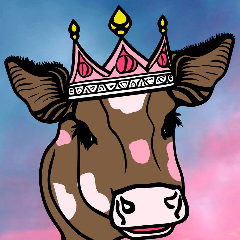 pink cow with blue crown