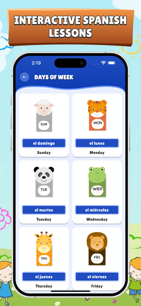 Spanish for Kids and Beginners - Mobile screen showing interactive Spanish lessons for kids featuring days of the week with animal illustrations