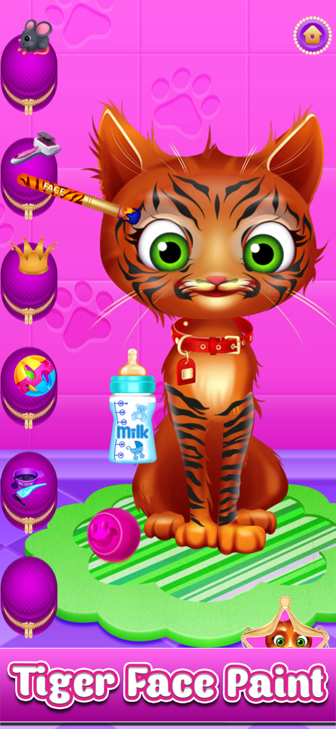 A ginger kitten receiving tiger face paint in a pet salon makeover game