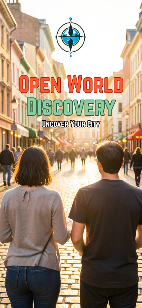 太陽の光が差し込む街の通りを歩くカップル、Open World Discoveryアプリのロゴとスローガン「Uncover Your City.」