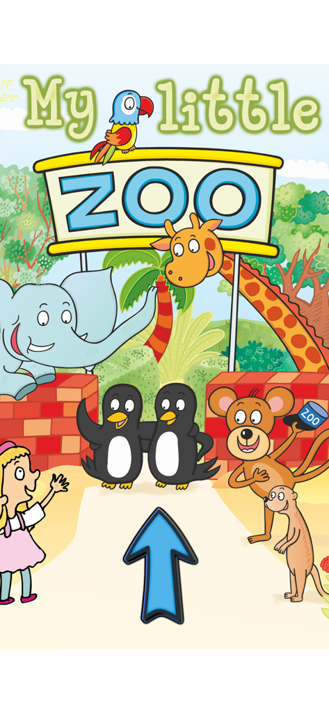 Colorful cartoon zoo entrance with friendly animals and a child waving in My Little Zoo app