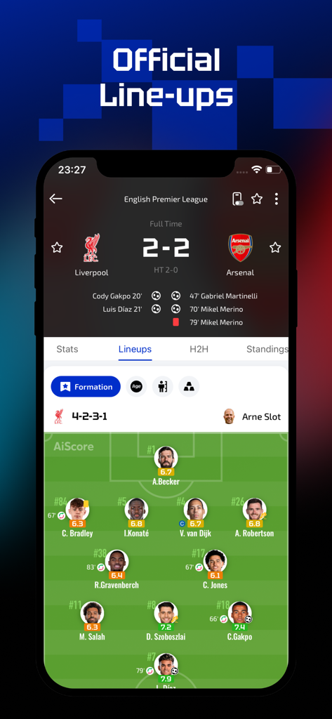 AiScore - Live Sports Scores - Official soccer match lineups and tactical formation visualization in the AiScore app