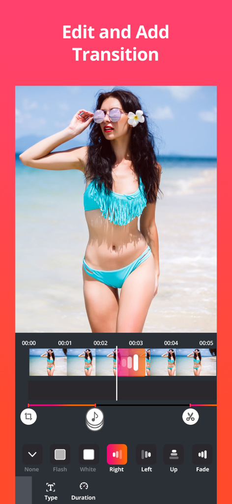 Interfaccia di editing video mobile che mostra effetti di transizione come flash e dissolvenza per un video di spiaggia