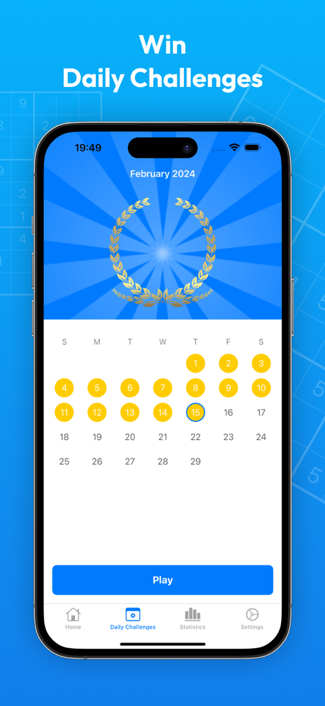 Vista calendario delle sfide giornaliere di Sudoku con una corona di alloro dorata per i risultati.