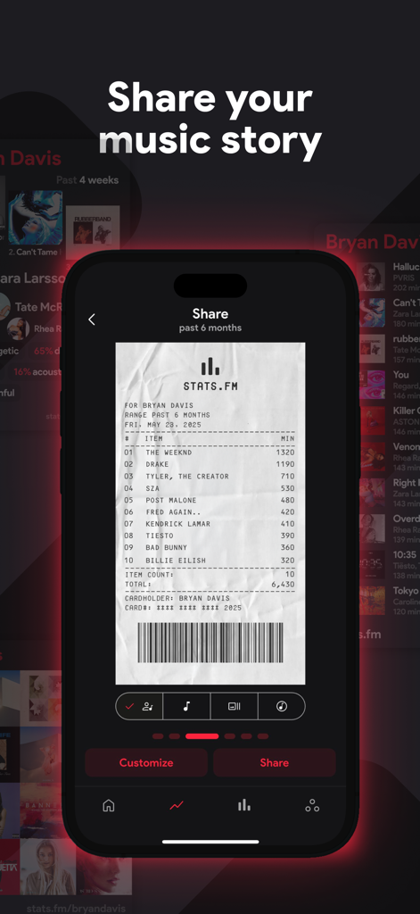 stats.fm for Apple Music - Un écran d'application mobile montrant un graphique de statistiques musicales partageable stylisé comme un reçu de magasin listant les artistes préférés et les minutes d'écoute