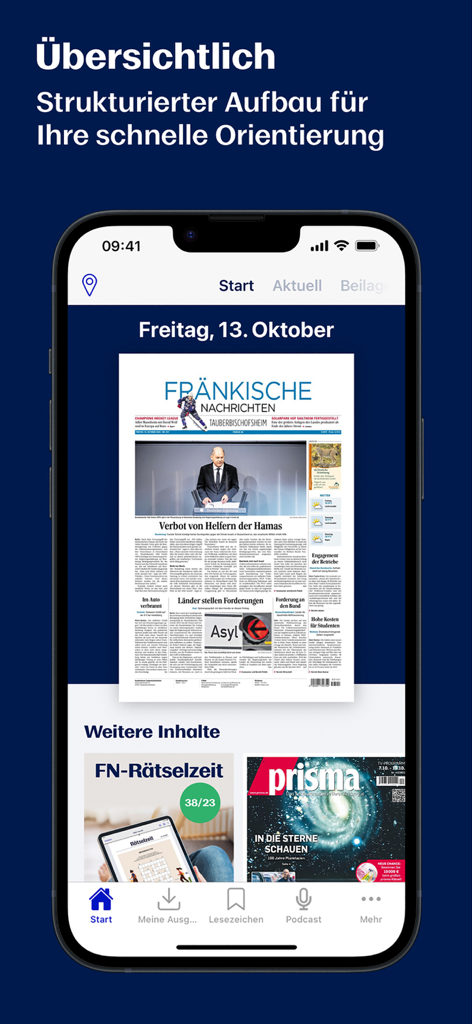 iPhone-Anzeige der FN E-Paper News-App mit strukturierter Darstellung, Zeitungs-Titelseite und Navigationsmenü für Podcasts und Rätsel.