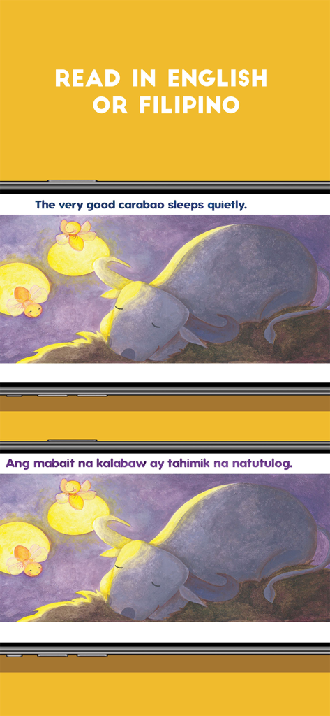 Screenshot of BuriBooks app showing a children's story about a carabao with text in both English and Filipino.