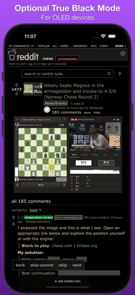 Yesterday For Old Reddit - Old Reddit interface in True Black Mode on an iPhone screen