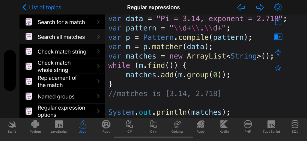 Interface do aplicativo Code Recipes Pro mostrando um snippet de código Java para expressões regulares e um menu de linguagens de programação suportadas