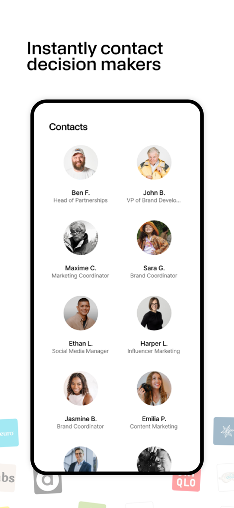 Pitch’em – Land Brand Deals - Mobile app screen showing a directory of brand contacts and marketing decision makers for creators.