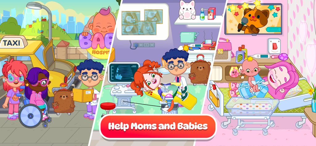 Pepi City: Hospital Life - Personaggi in stile cartone animato che interpretano ruoli in un ospedale per bambini e una clinica medica