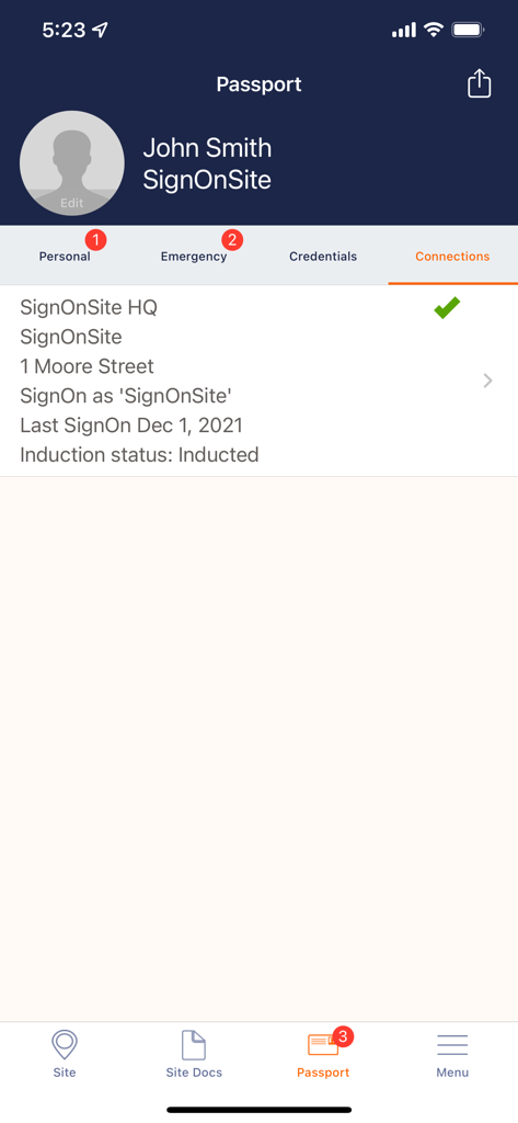 SignOnSite - SignOnSite app passport screen showing site connections and induction status