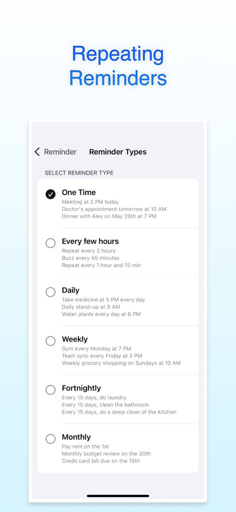 Focus: Pomodoro & Study Timer - Focusアプリのインターフェースに、毎日、毎週、毎月などの繰り返しリマインダーオプションが表示されています。