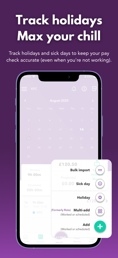 캘린더 보기와 작업 메뉴가 있는 wac 앱 휴일 및 병가 추적 인터페이스를 보여주는 모바일 화면