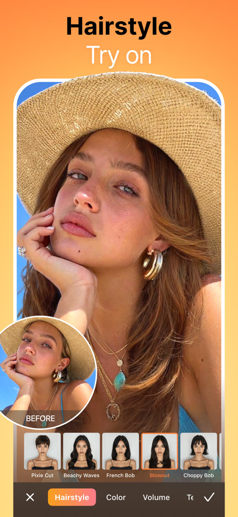 다양한 가상 헤어스타일과 커트를 시도하기 위해 Airbrush 앱의 헤어스타일 체험 기능을 사용하는 여성