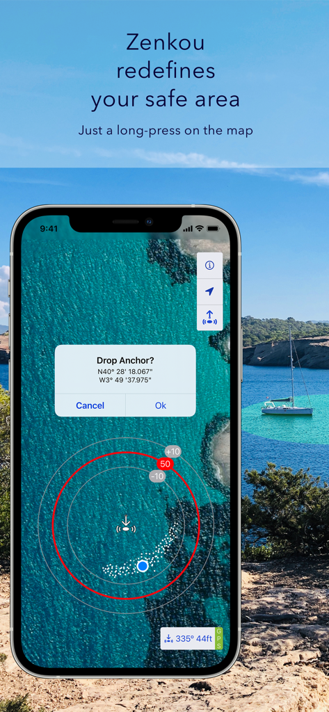 iPhone screen showing the Zenkou Pro anchor alarm app interface with a drop anchor confirmation and swing circle visualization on a coastal map