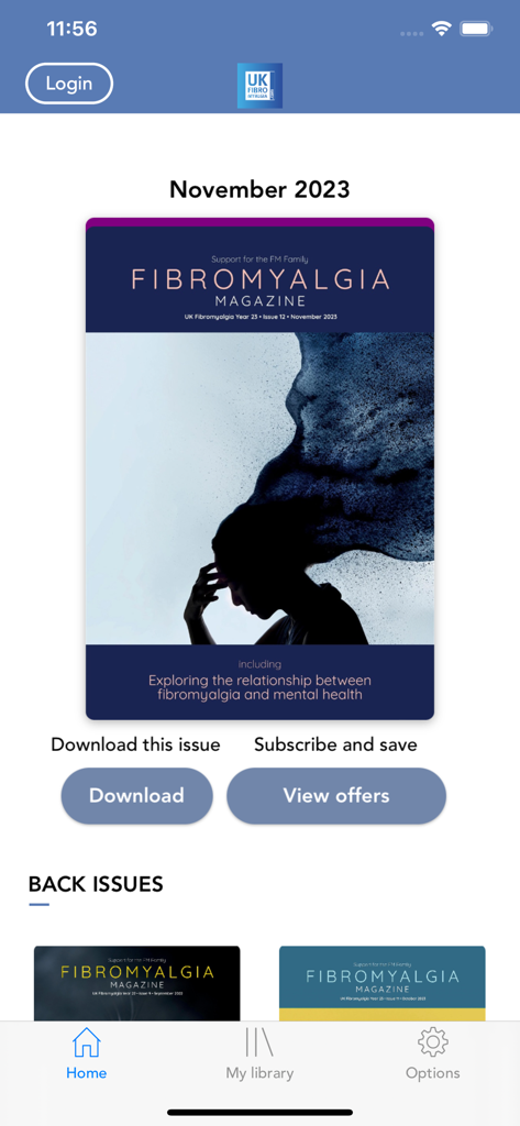 Fibromyalgia Magazine app interface displaying the November 2023 issue cover about mental health with options to download or subscribe
