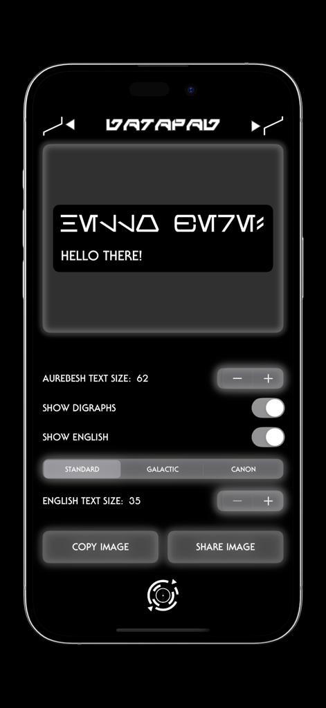 Interfaz de la aplicación Datapad traduciendo la frase Hola a todos a guion Aurebés