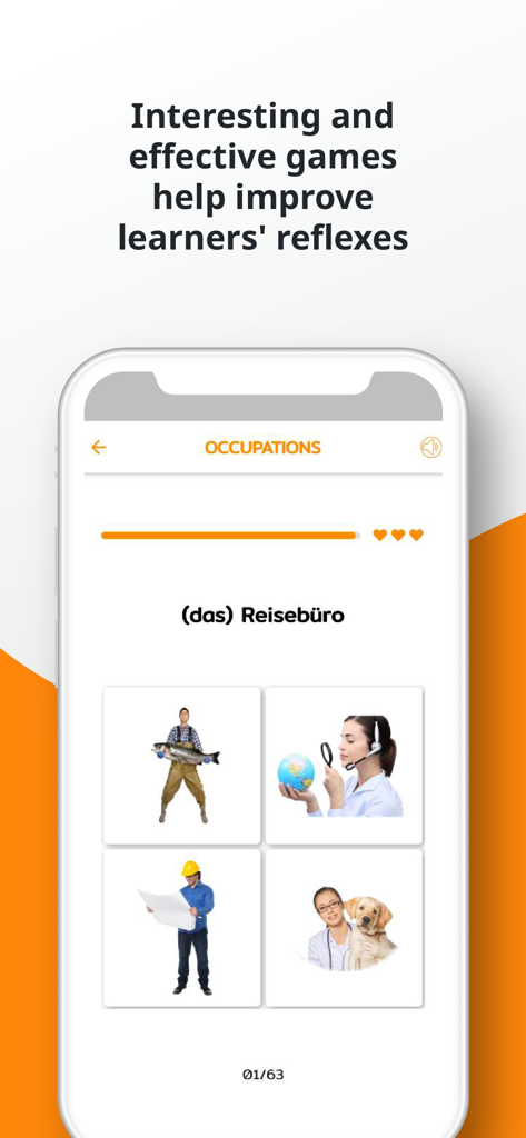 PORO - German Vocabulary - Ein deutsches Vokabel-Lernspiel in der PORO-App mit Karteikarten und Bildern von Berufen.