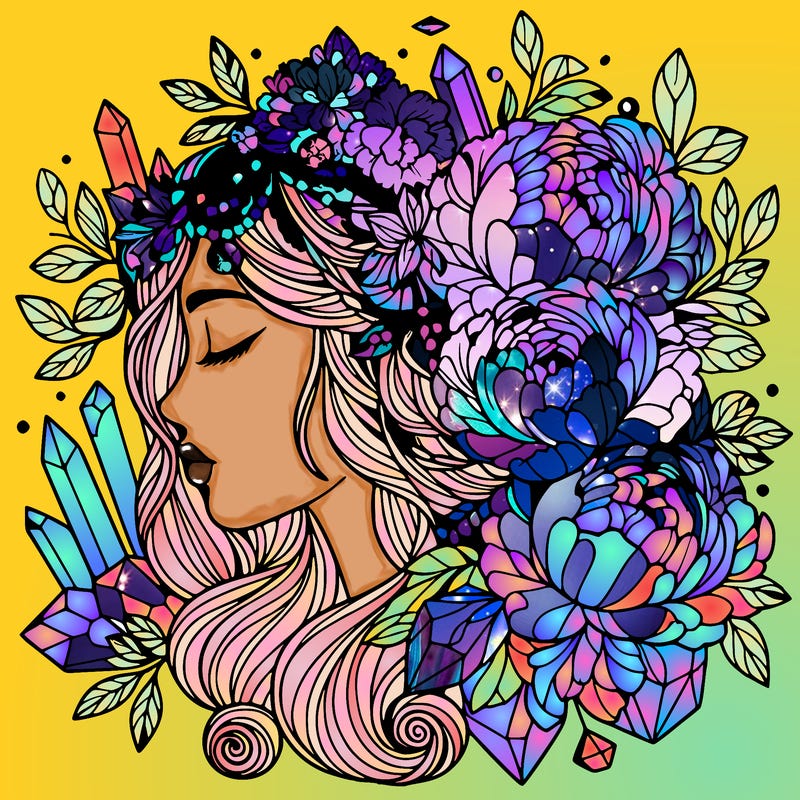 complex mandala woman profile with peonies and crystals in her hair