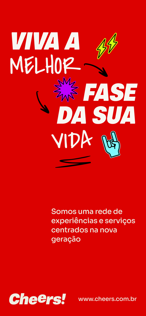 Red promotional banner for Cheers App describing curated event experiences for the new generation.