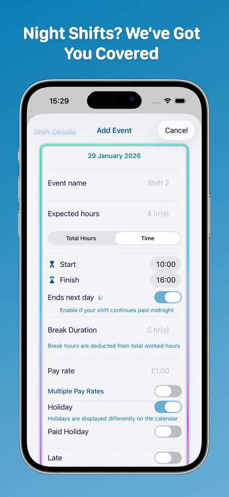 WorkCount - Shift Calendar - Pantalla de la aplicación WorkCount para añadir un turno con un interruptor para turnos nocturnos que terminan al día siguiente