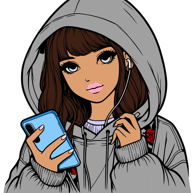 realistic girl with oversized hood and holding a phone