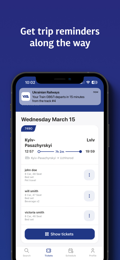 Smartphone screen displaying Ukrainian Railways app with a train departure notification and passenger tickets