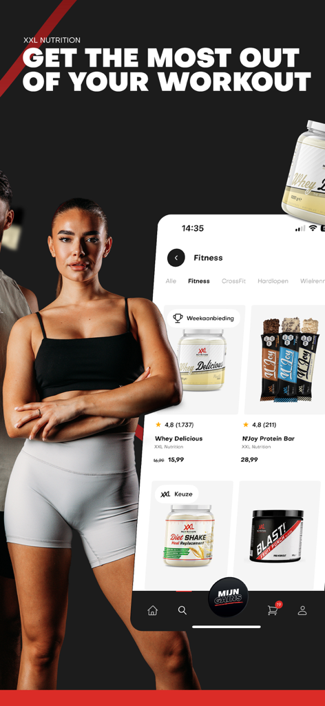 XXL Nutrition mobile app interface displaying various protein powders and bars next to a fitness model