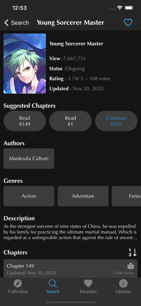 Manga details screen for Young Sorcerer Master in the MangaNelo app showing genre, description, and chapter list