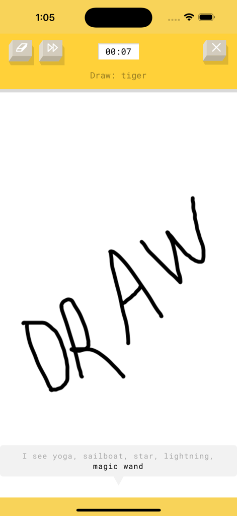 Mobile game interface showing a drawing canvas with a prompt to draw a tiger and a real time AI guessing bar