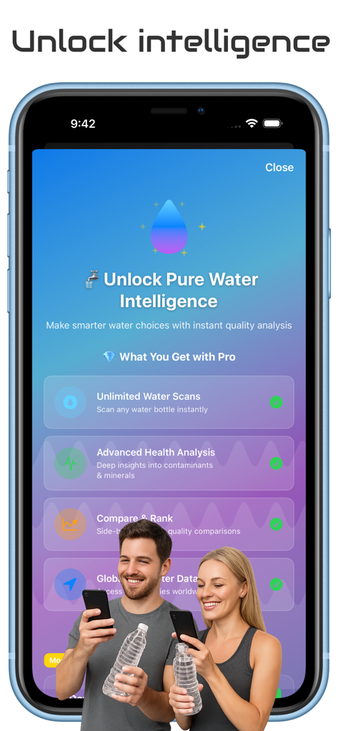 H2o Score app screen displaying premium pro features for water quality analysis and scanning