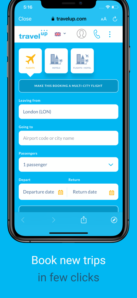 Smartphone-Bildschirm, der die Flugbuchungsoberfläche der TravelUp-App mit Eingabefeldern für Abflug und Ankunft zeigt.
