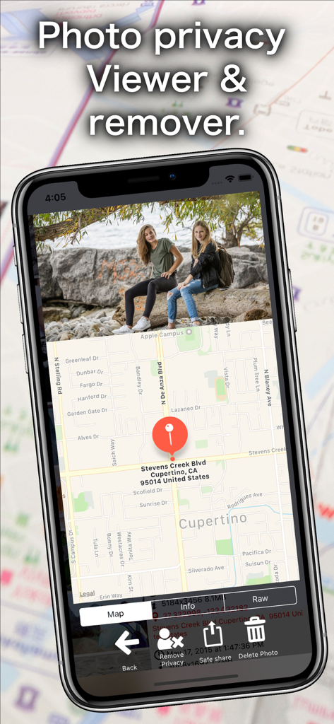 Exif delete - Photo Secure - Interface do aplicativo Exif delete mostrando uma foto com sua localização em um mapa e opções para remover dados de privacidade.