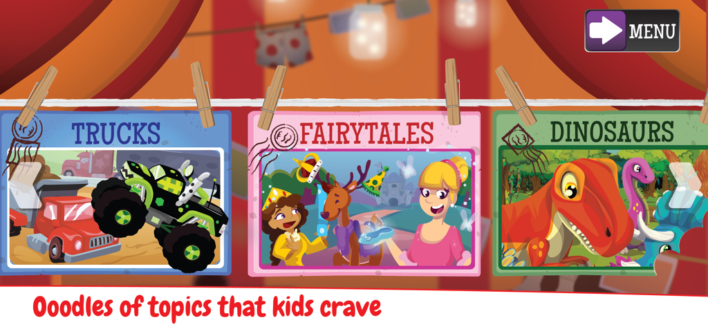 Kids Puzzles Games Puzzingo - Puzzingo app screen displaying various puzzle categories including trucks fairytales and dinosaurs